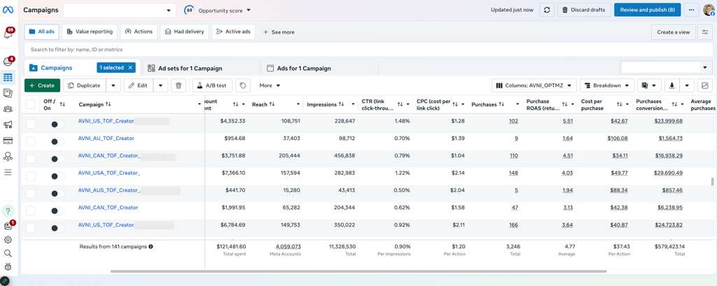 Meta Ads Manager — campaign performance