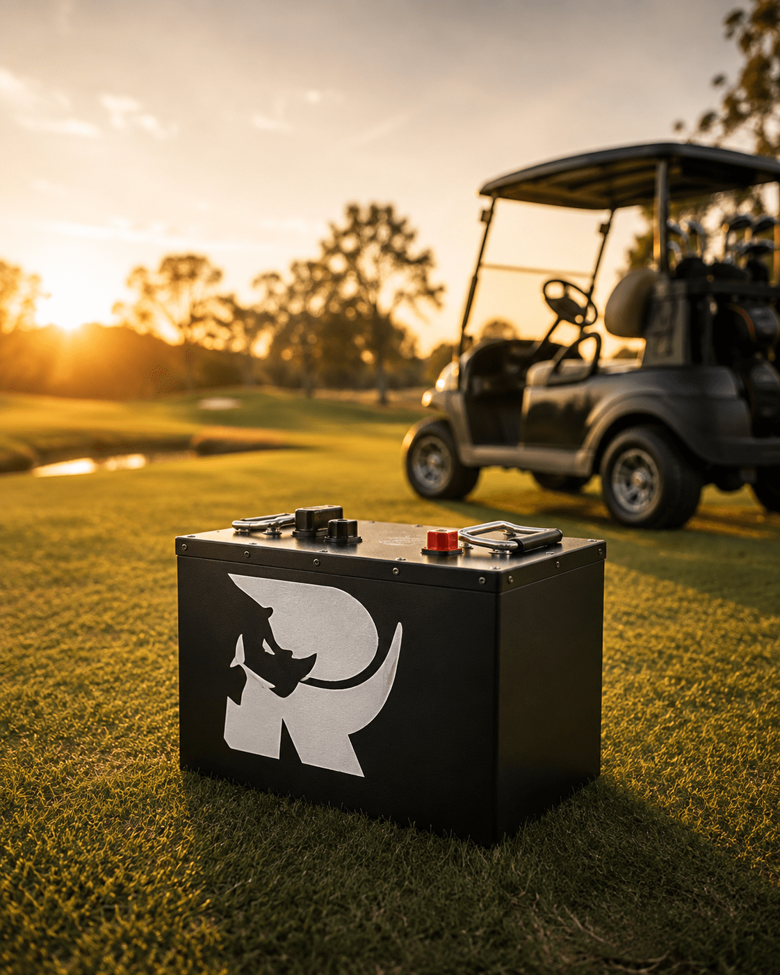 Lithium Rhino battery on the course at sunset